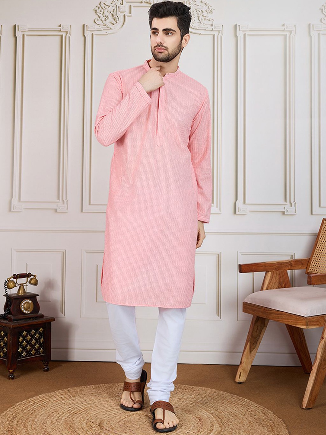 

House of Pataudi Embroidered Cotton Straight Kurta, Pink