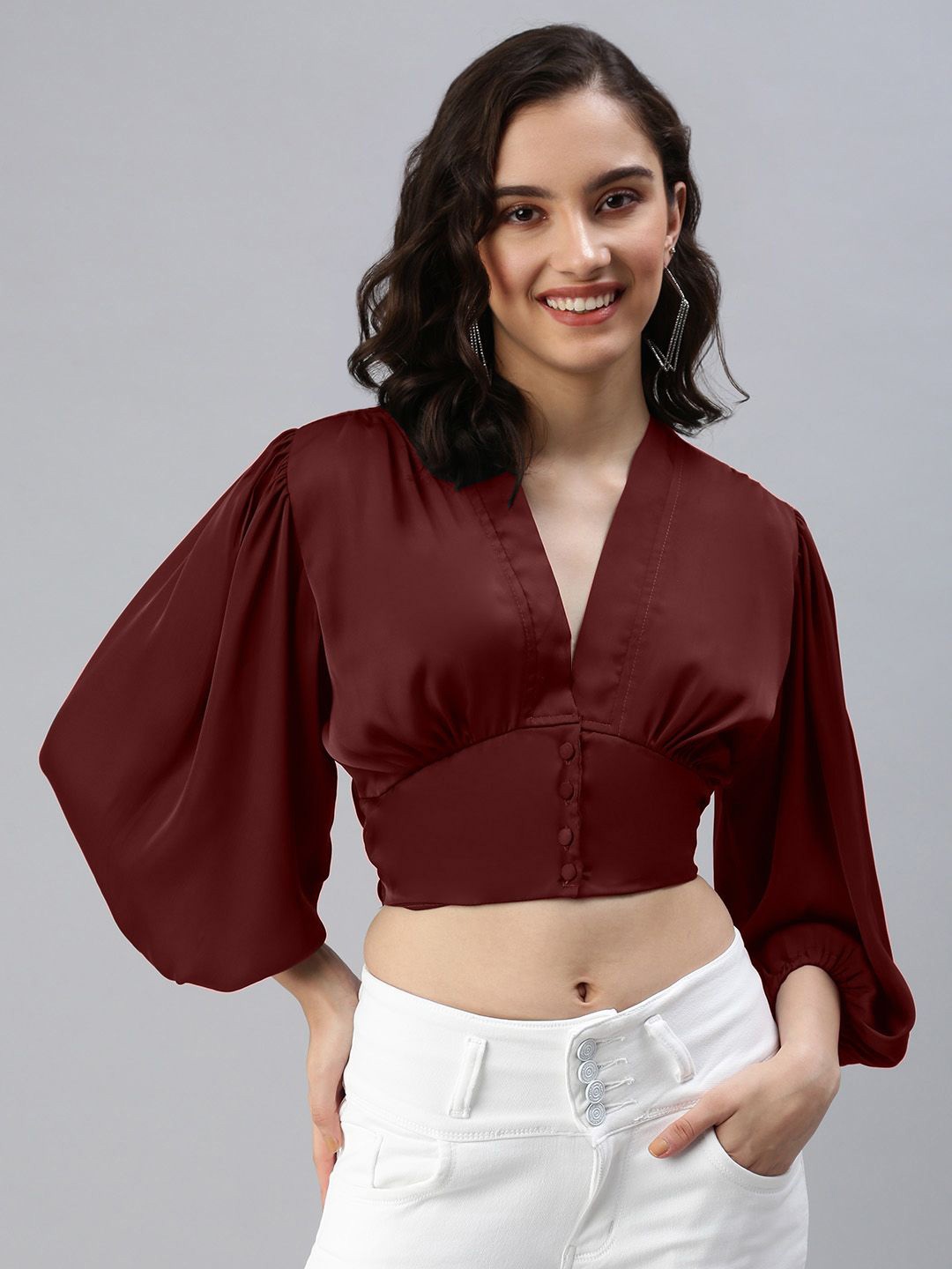 

SHOWOFF Puff Sleeve Cinched Waist Crop Top, Maroon