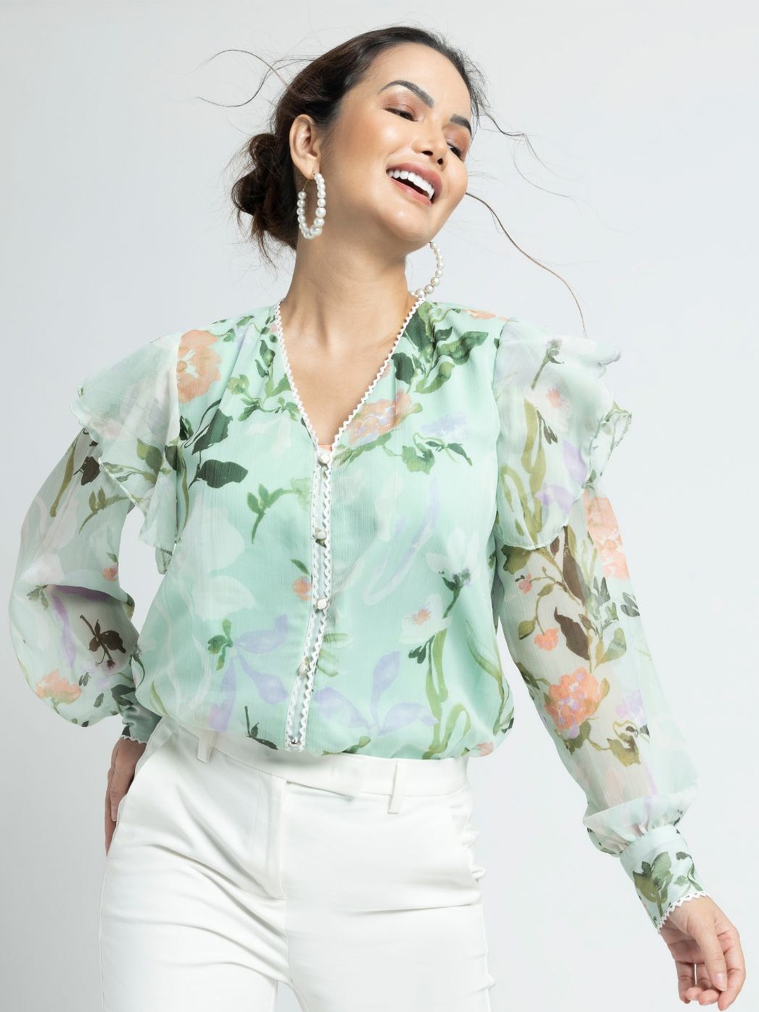 

JULO Floral Print Chiffon Shirt Style Top, Green