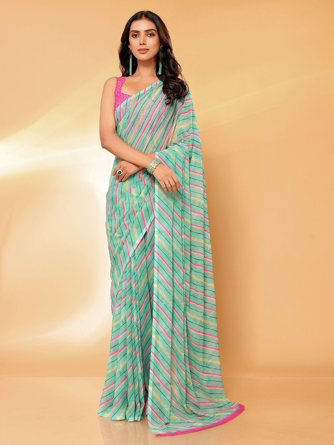 

Janasya Women Georgette Leheriya Printed Leheria Saree With Unstitched Blouse Piece, Green