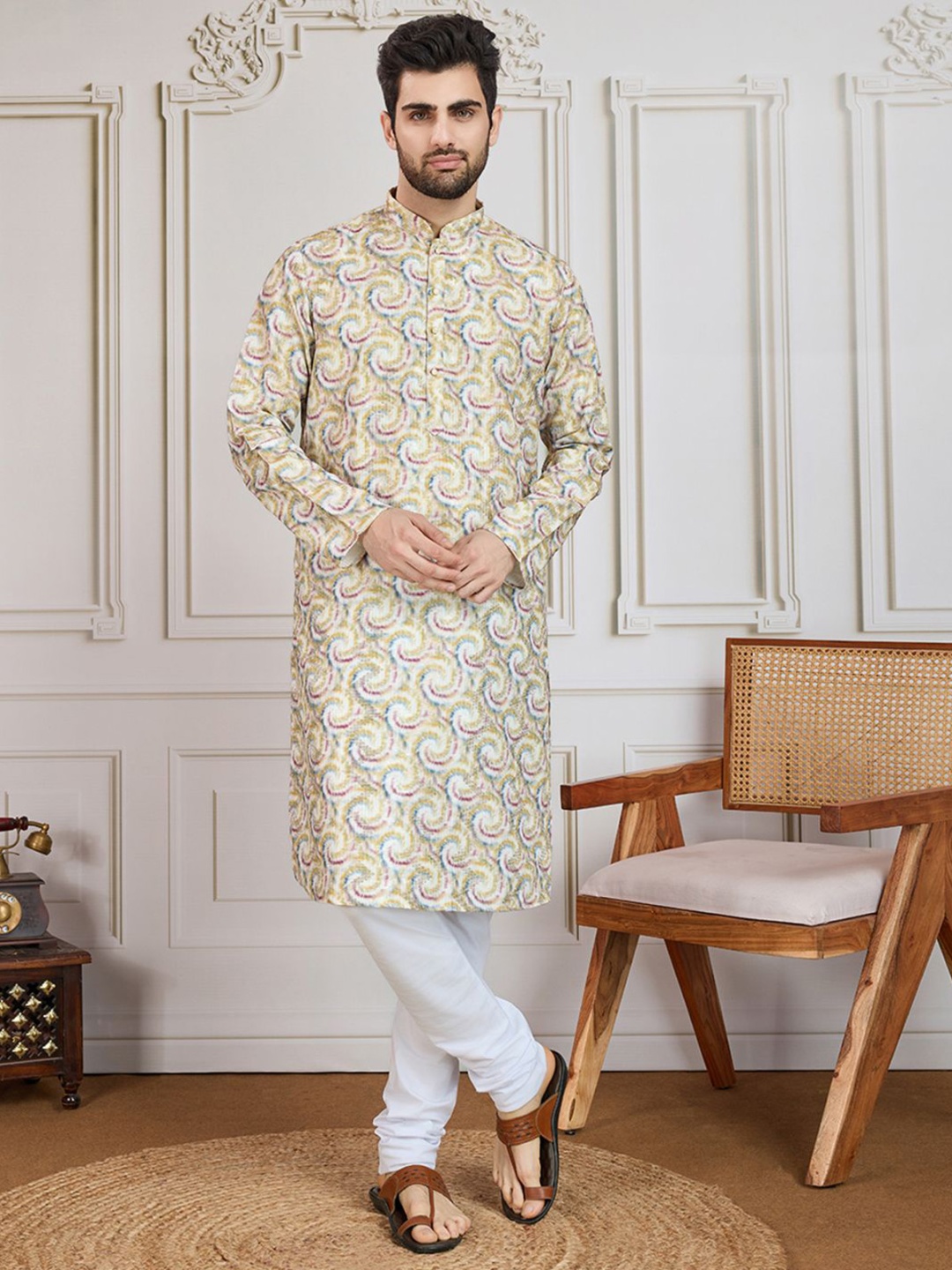 

House of Pataudi Embroidered Cotton Straight Kurta, Mustard