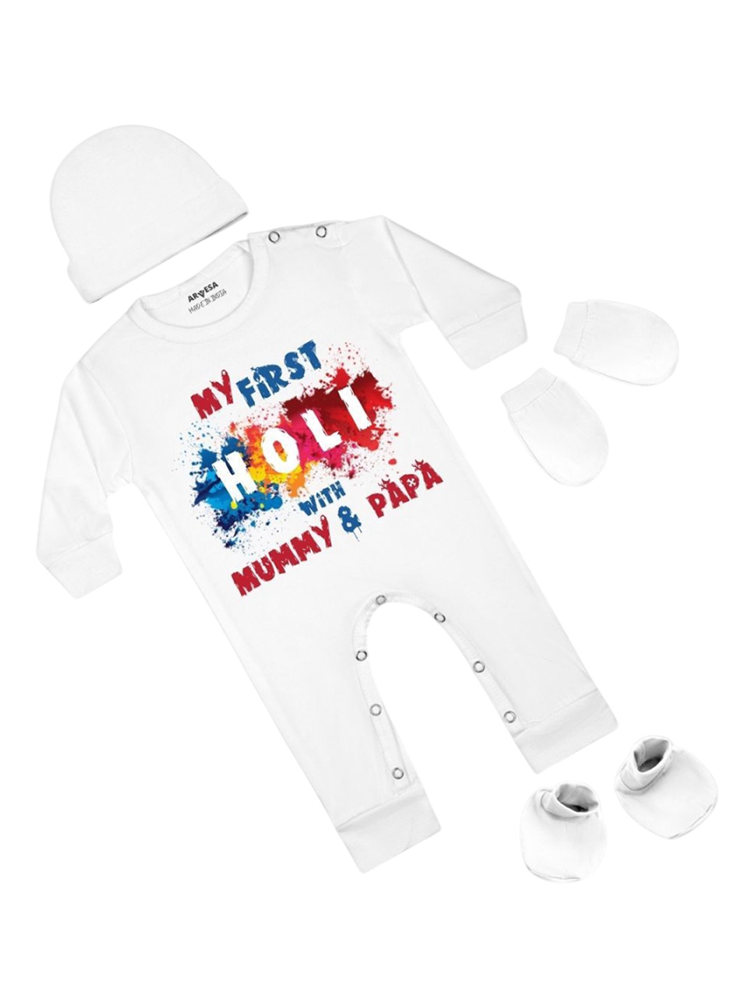 

Arvesa Infants My First Holi Printed Bodysuit with Cap Booties Mitten, White