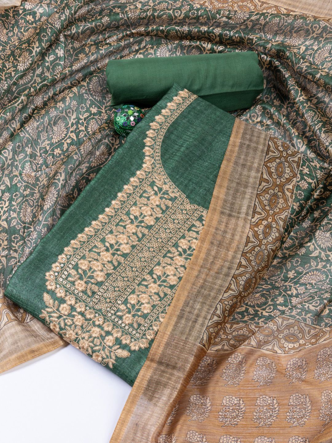 

Meena Bazaar Printed Art Silk Unstitched Dress Material, Green