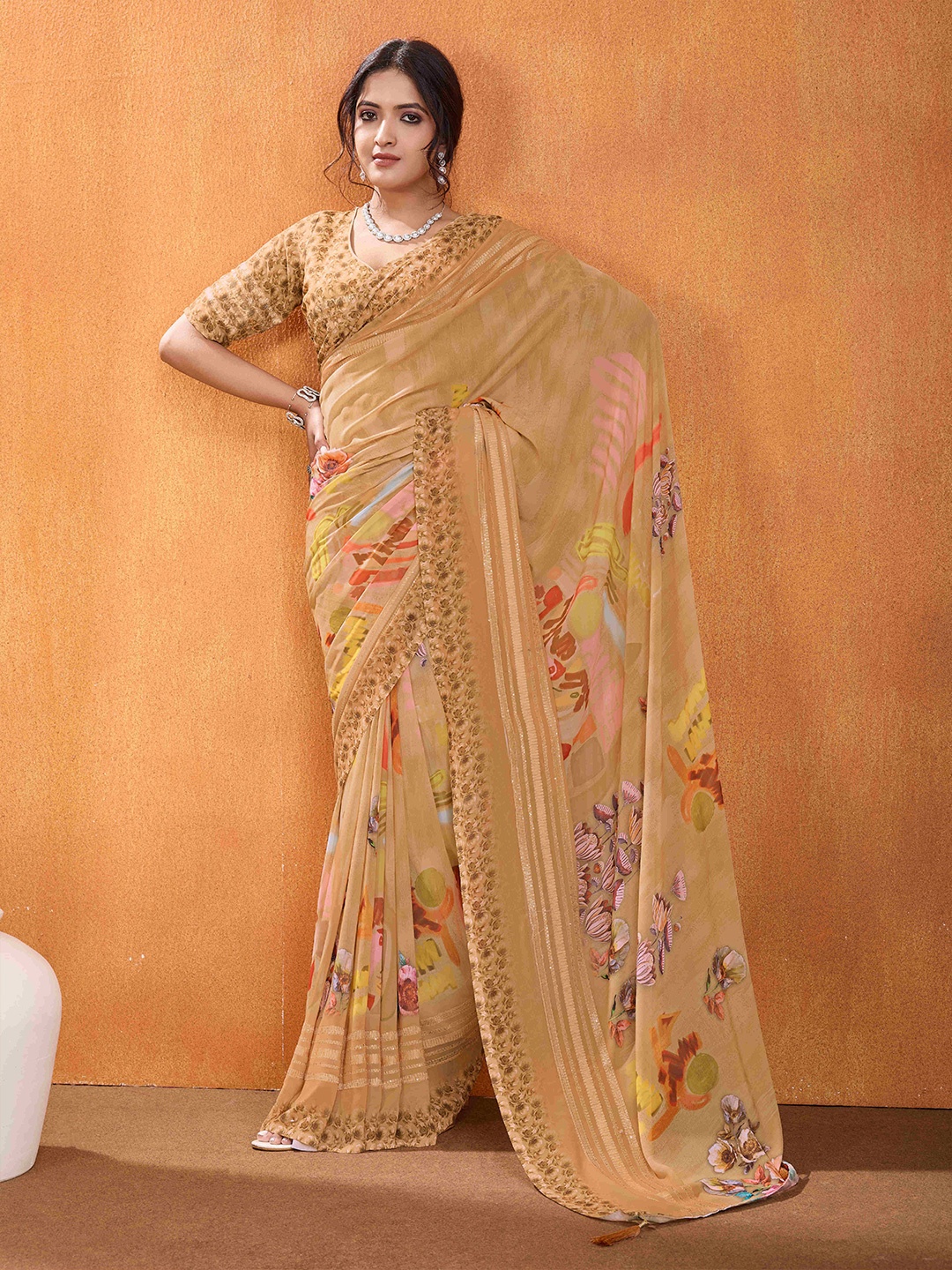 

TASRIKA Floral Pure Georgette Saree, Mustard