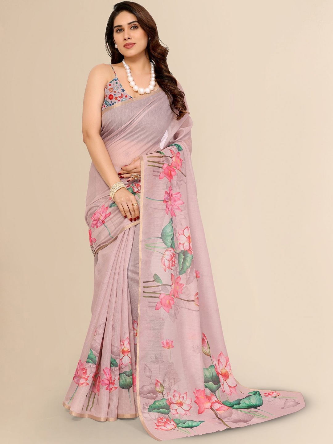 

Moda Rapido Floral Zari Saree, Beige