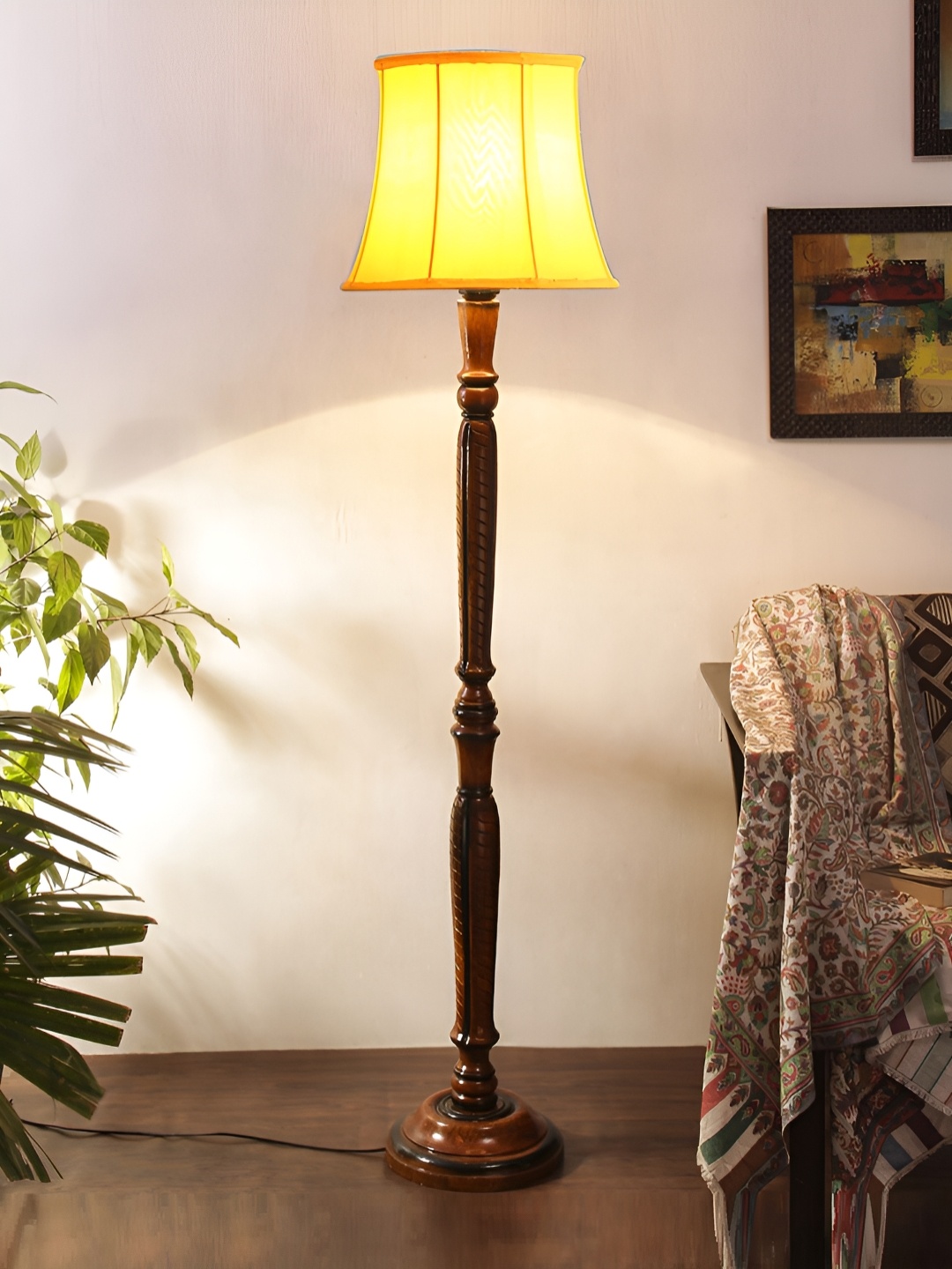 

Devansh Yellow & Brown Cotton Wooden Floor Lamp With Shade