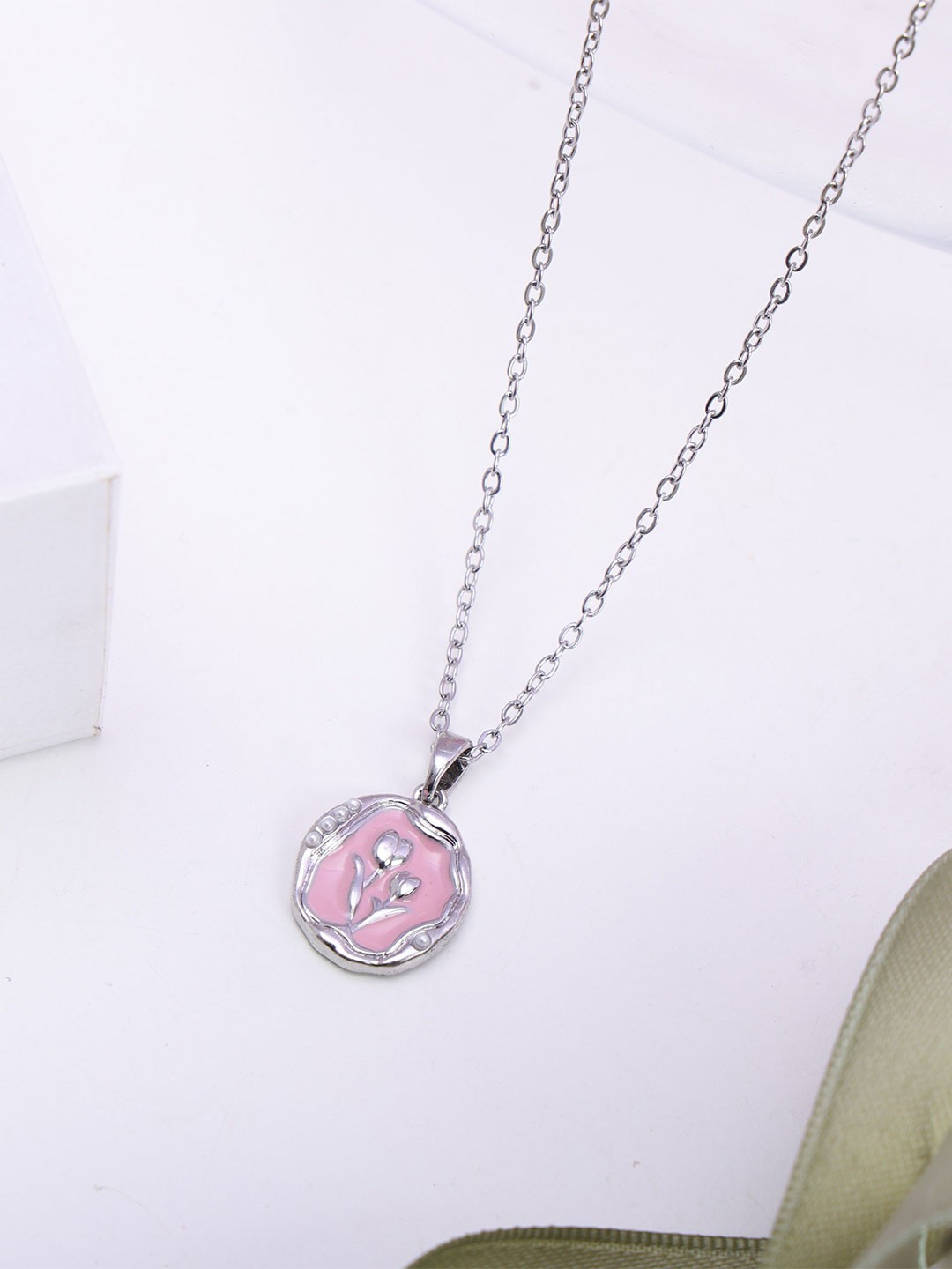 

Laviscart Stainless Steel Rhodium-Plated Artificial Stone Studded Pendant With Chain, Silver