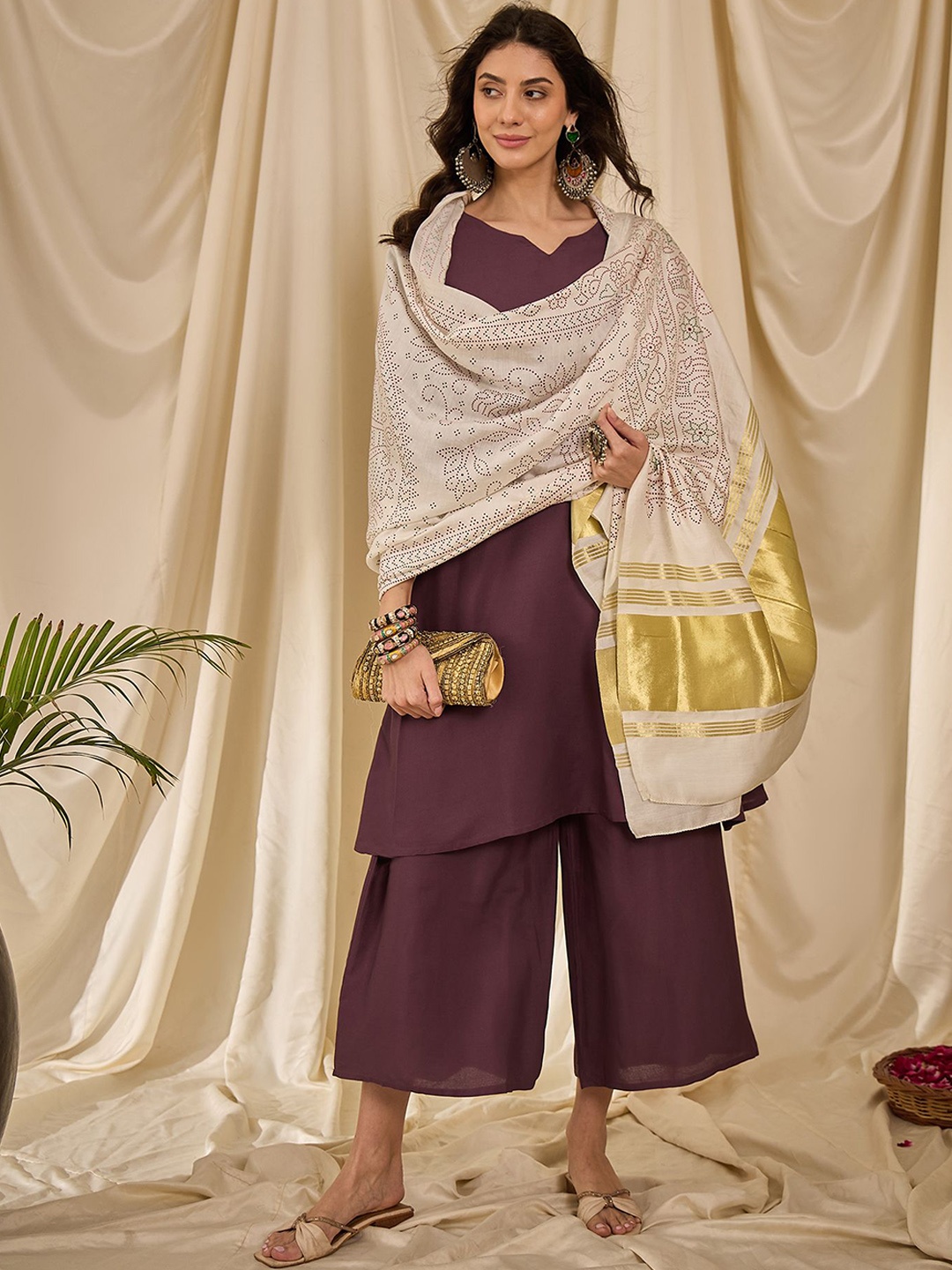 

InWeave Women Regular Kurta with Palazzos & With Dupatta, Mauve