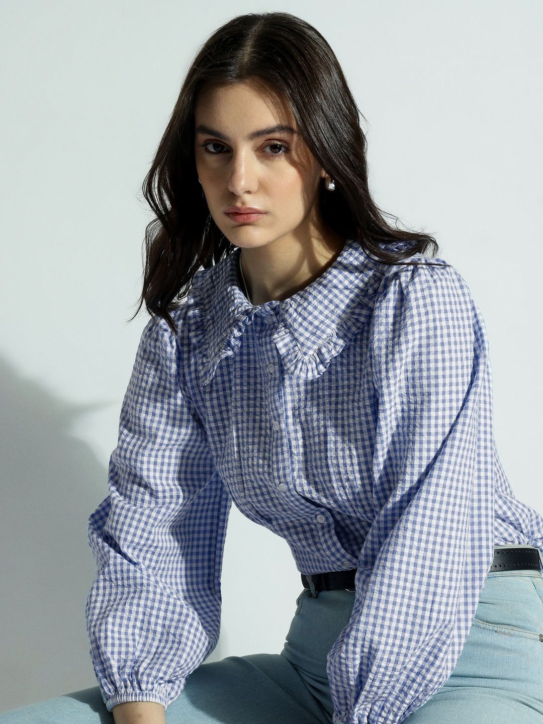 

H&M Balloon Sleeve Checkered Blouse, Blue