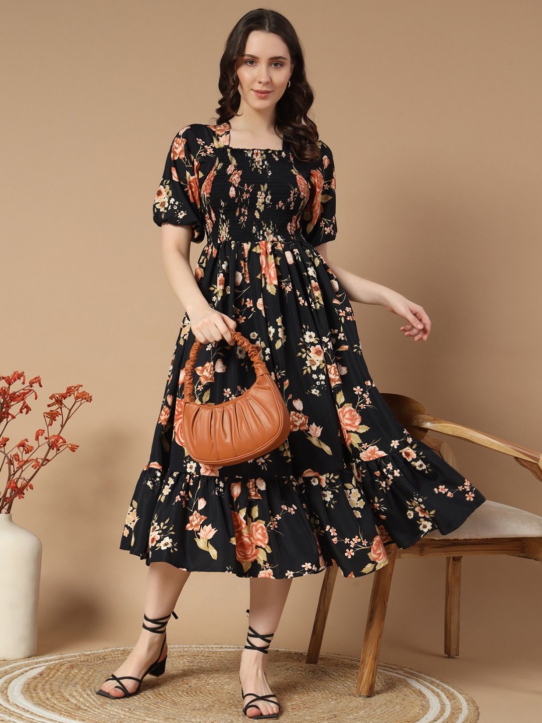 

Raiyani Fashion Print Puff Sleeve Crepe Fit & Flare Dress, Gold