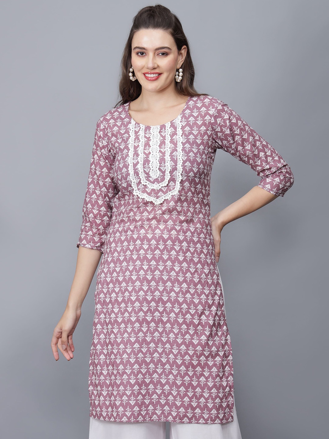 

ETRAANA Printed Pure Cotton Round Neck Kurta, Mauve