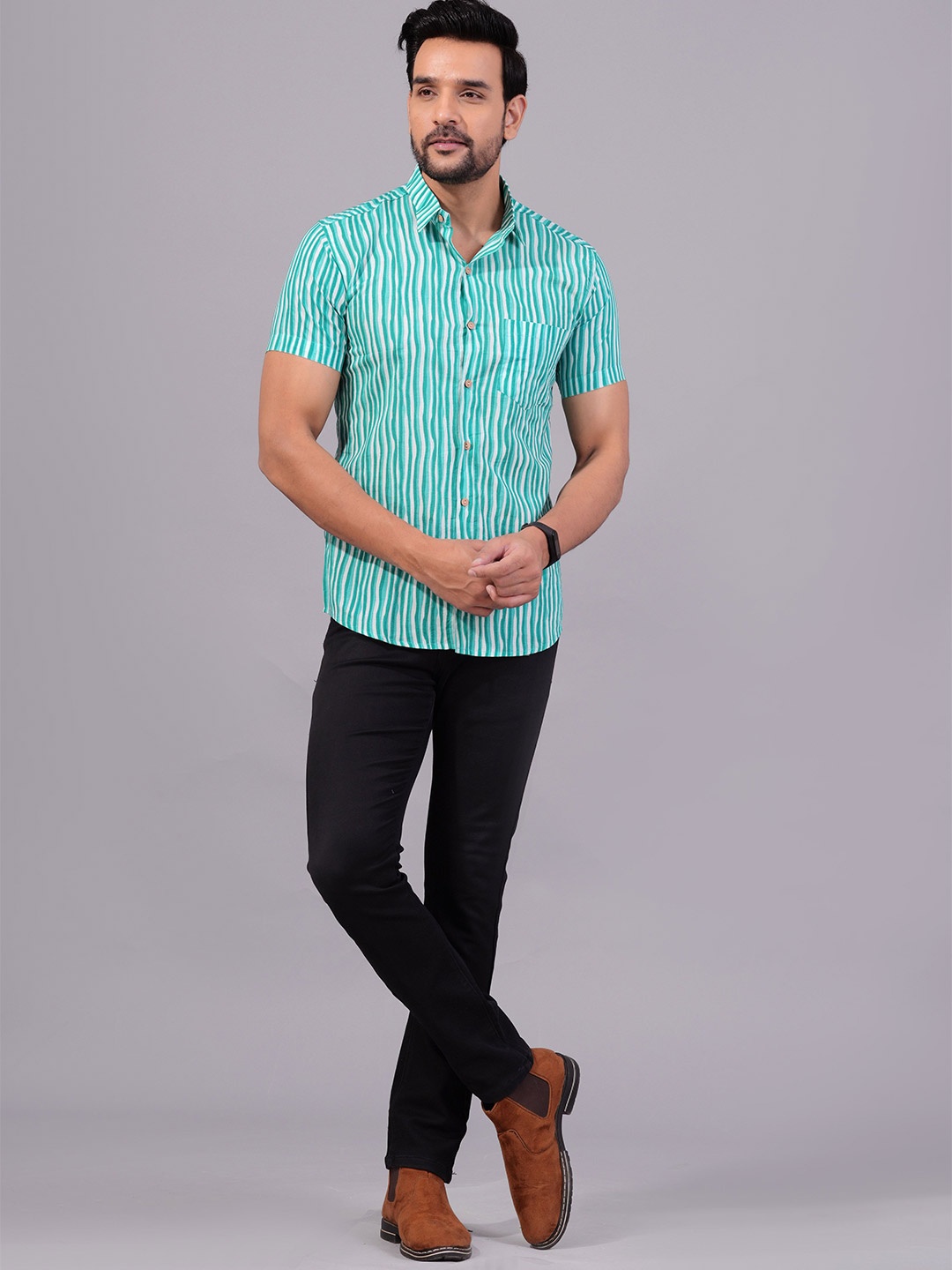 

Moda Rapido Men Comfort Opaque Striped Casual Shirt, Turquoise blue