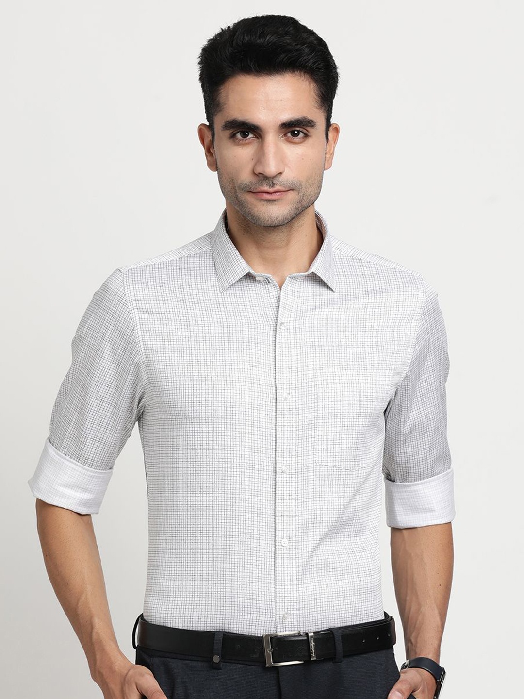 

Turtle Men Standard Regular Fit Spread Collar Grid Tattersall Checked Cotton Casual Shirt, Grey