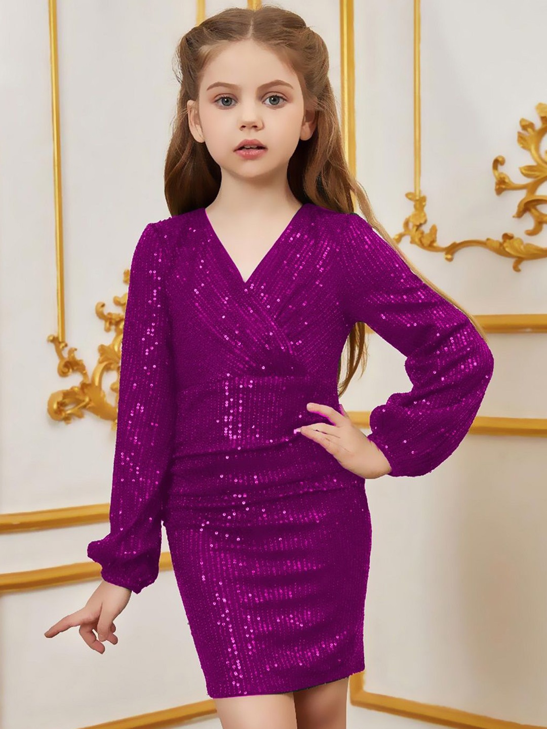 

Vani Enterprise Embellished Puff Sleeve Net Sheath Dress, Purple
