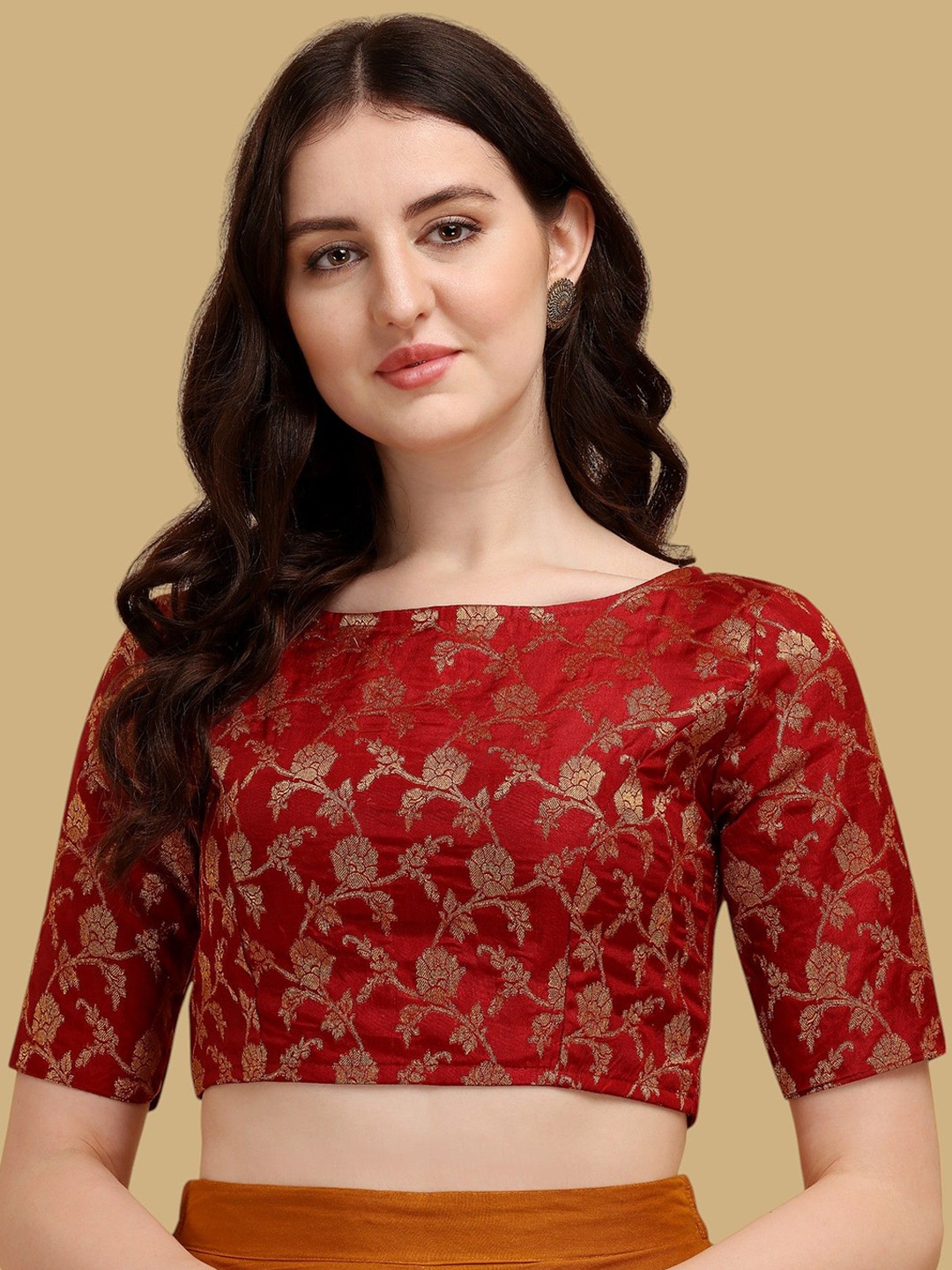 

Oomph! Woven Design Boat Neck Jacquard Saree Blouse, Red