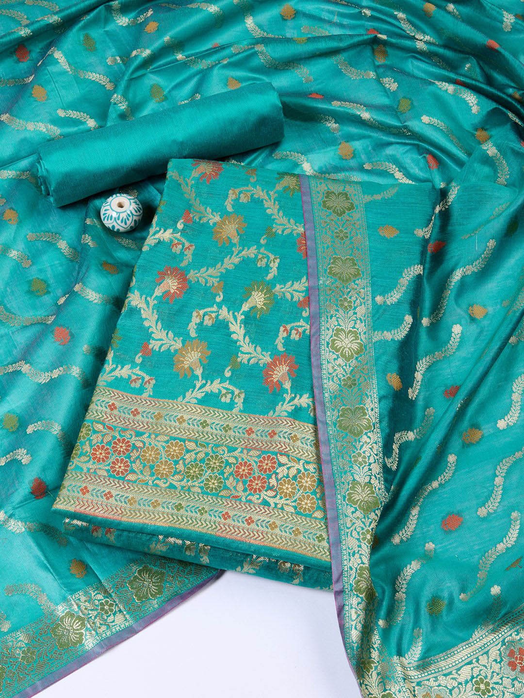 

Meena Bazaar Art Silk Unstitched Dress Material, Sea green