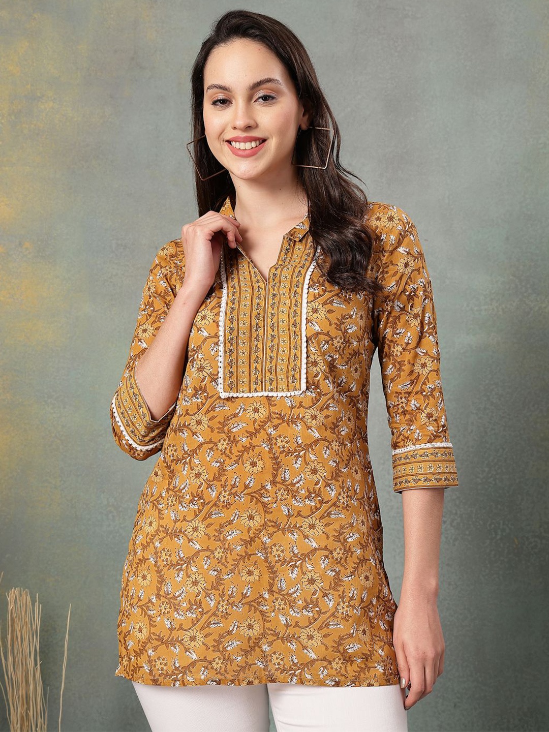 

God Bless Floral Printed Shirt Collar Gotta Patti Pure Cotton Gotta Patti Kurti, Mustard