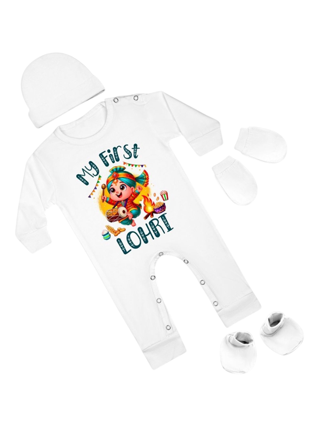 

Arvesa Infants My First Lohri Printed Bodysuit with Cap Booties Mitten, White