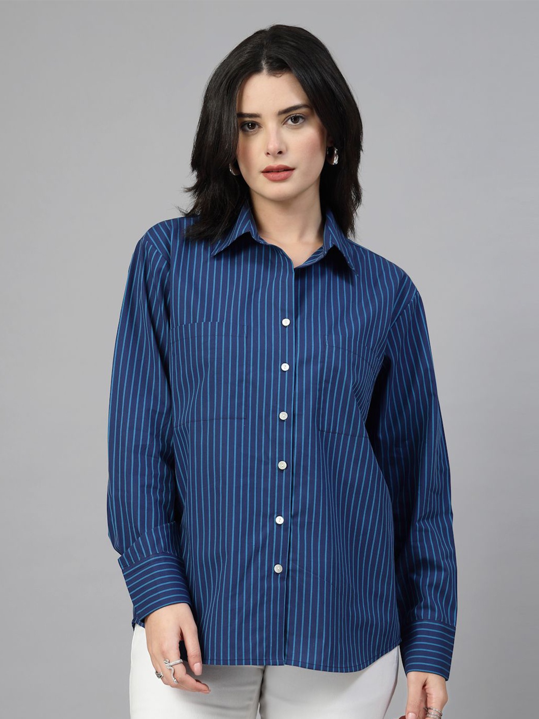 

JEFF COOPER Women Spread Collar Vertical Striped Cotton Casual Shirt, Blue