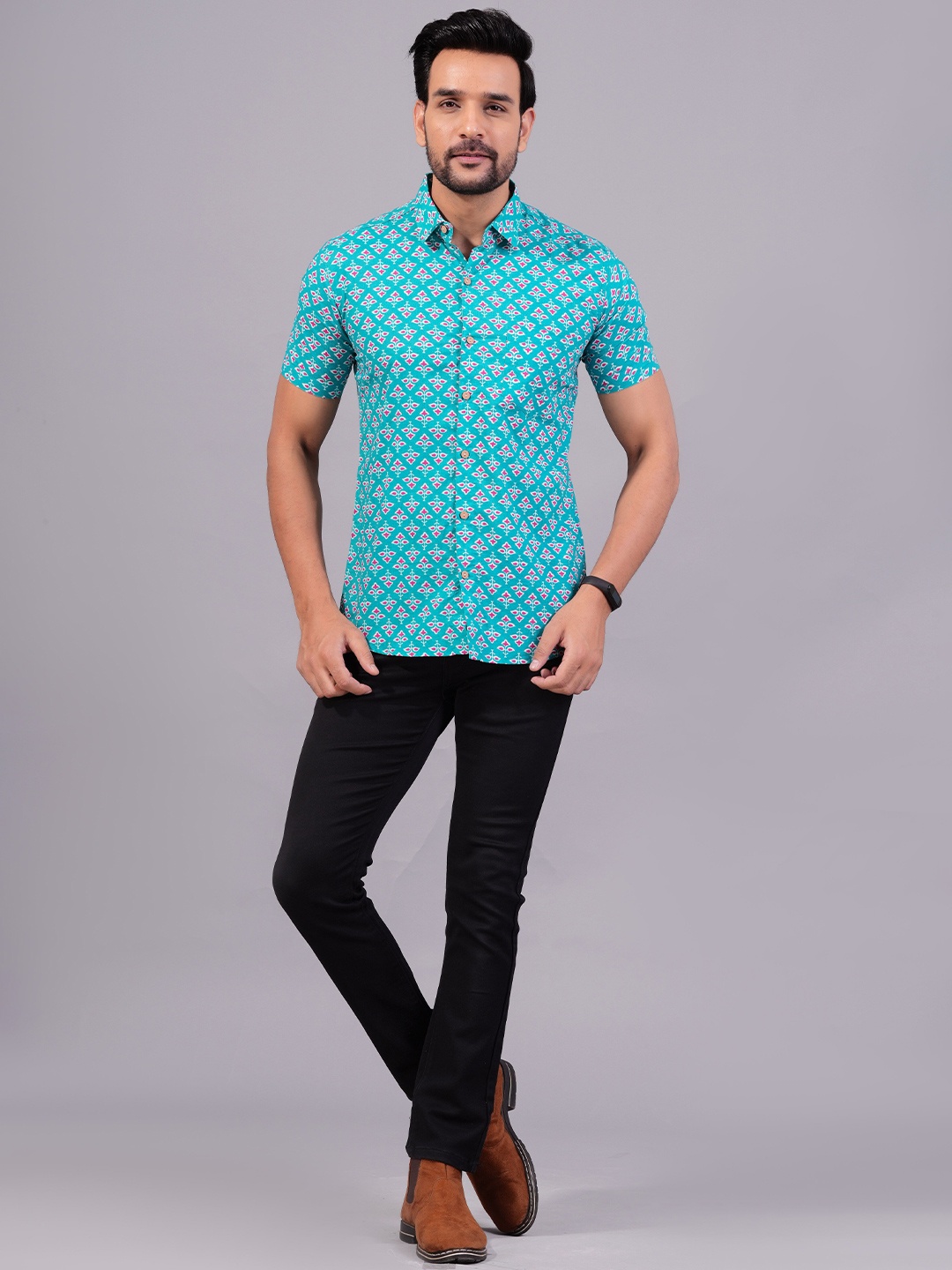 

Moda Rapido Men Comfort Floral Opaque Printed Casual Shirt, Turquoise blue