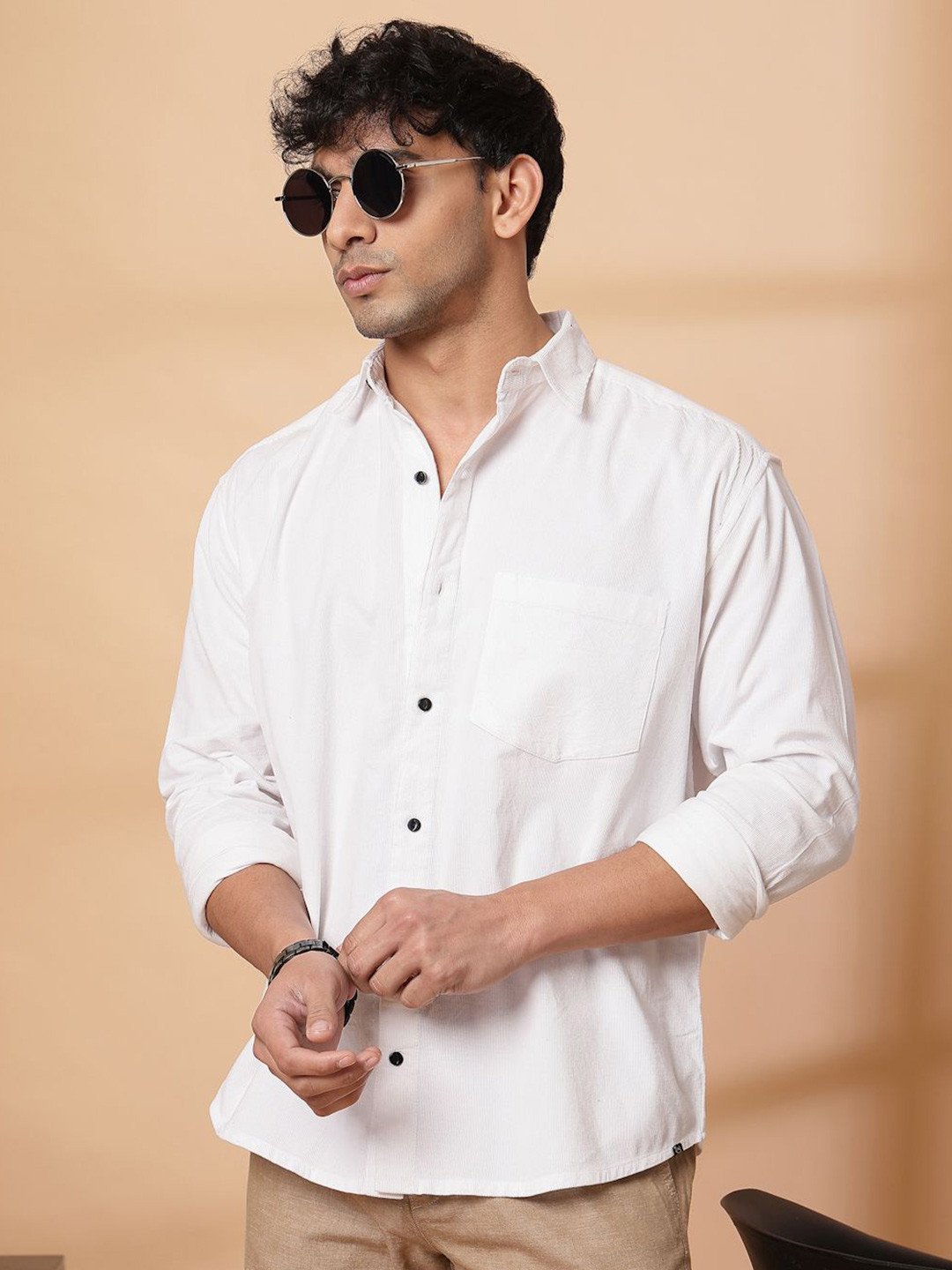 

Rigo Men Spread Collar Textured Cotton Casual Shirt, White