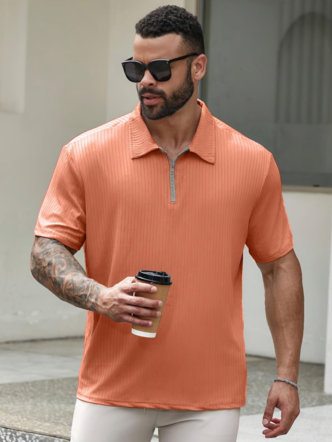 

madfrog Men Polo Collar Pockets T-shirt, Peach