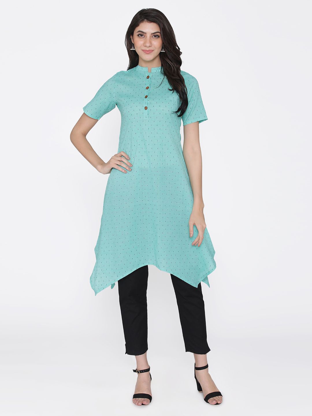 

VEGAL Polka Dot Printed Mandarin Collar Neck A-Line Kurta, Green