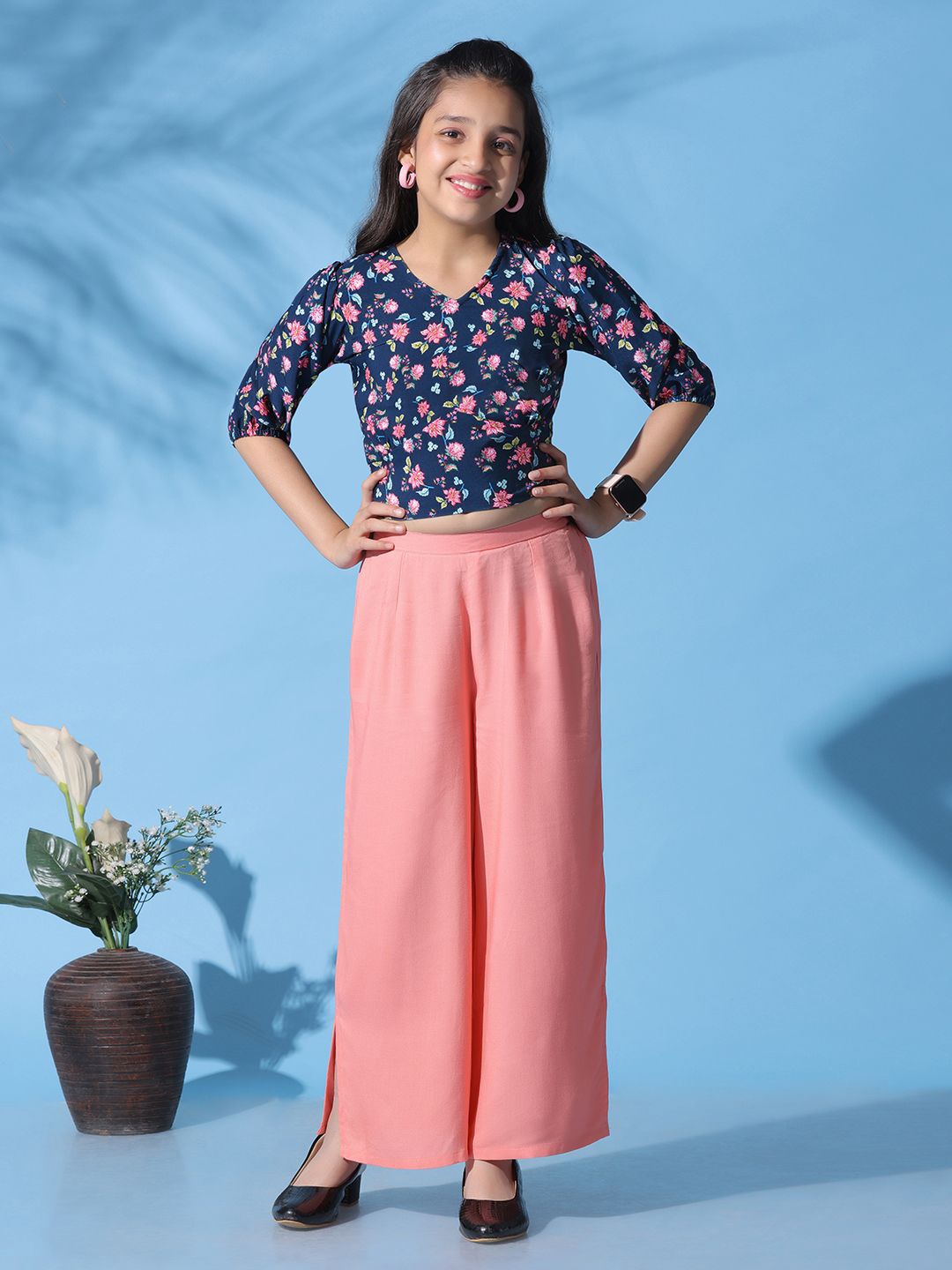 

YK Girls Printed Top with Palazzos, Blue