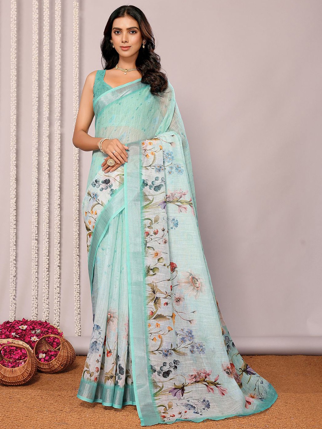 

Janasya Women Linen Blend Floral Printed Saree With Unstitched Blouse Piece, Green