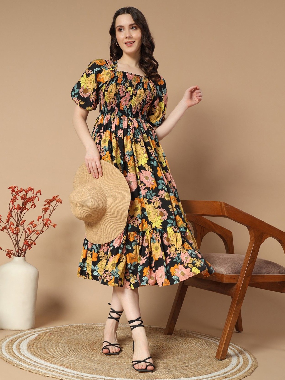 

Raiyani Fashion Print Puff Sleeve Crepe Fit & Flare Dress, Yellow
