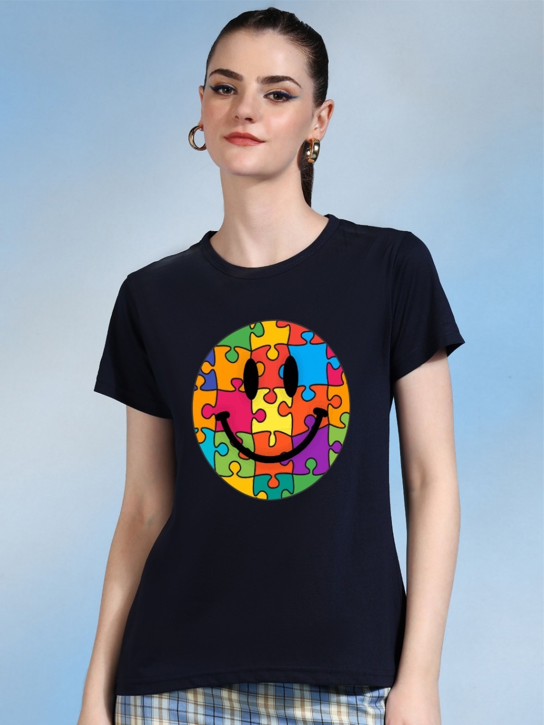 

Moda Rapido Women Printed Bio Finish Applique T-shirt, Navy blue