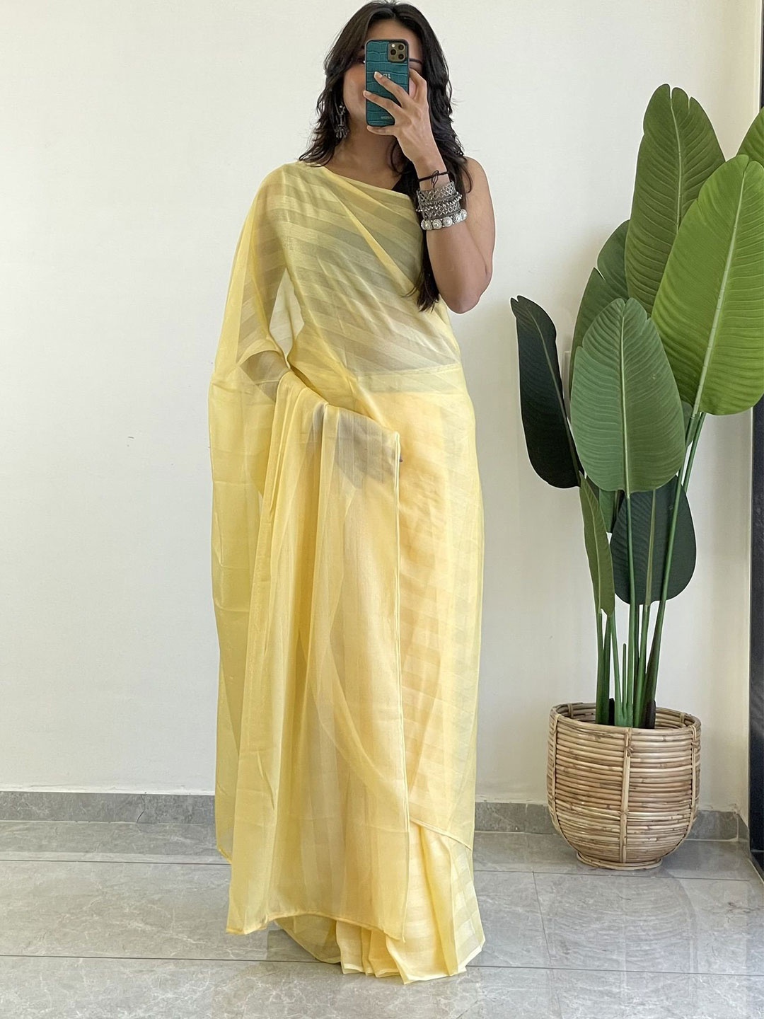 

LeeliPeeri Designer Striped Poly Georgette Saree, Yellow