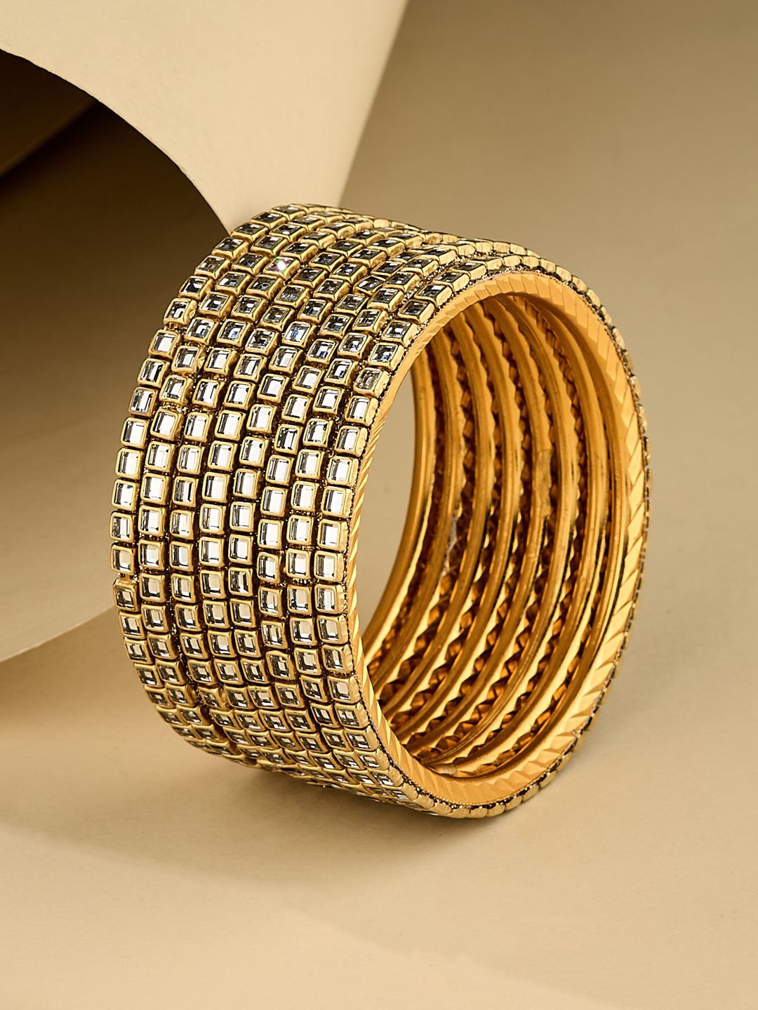 

ATIBELLE Set Of 8 Gold-Plated Square Stone Studded Classic Bangles