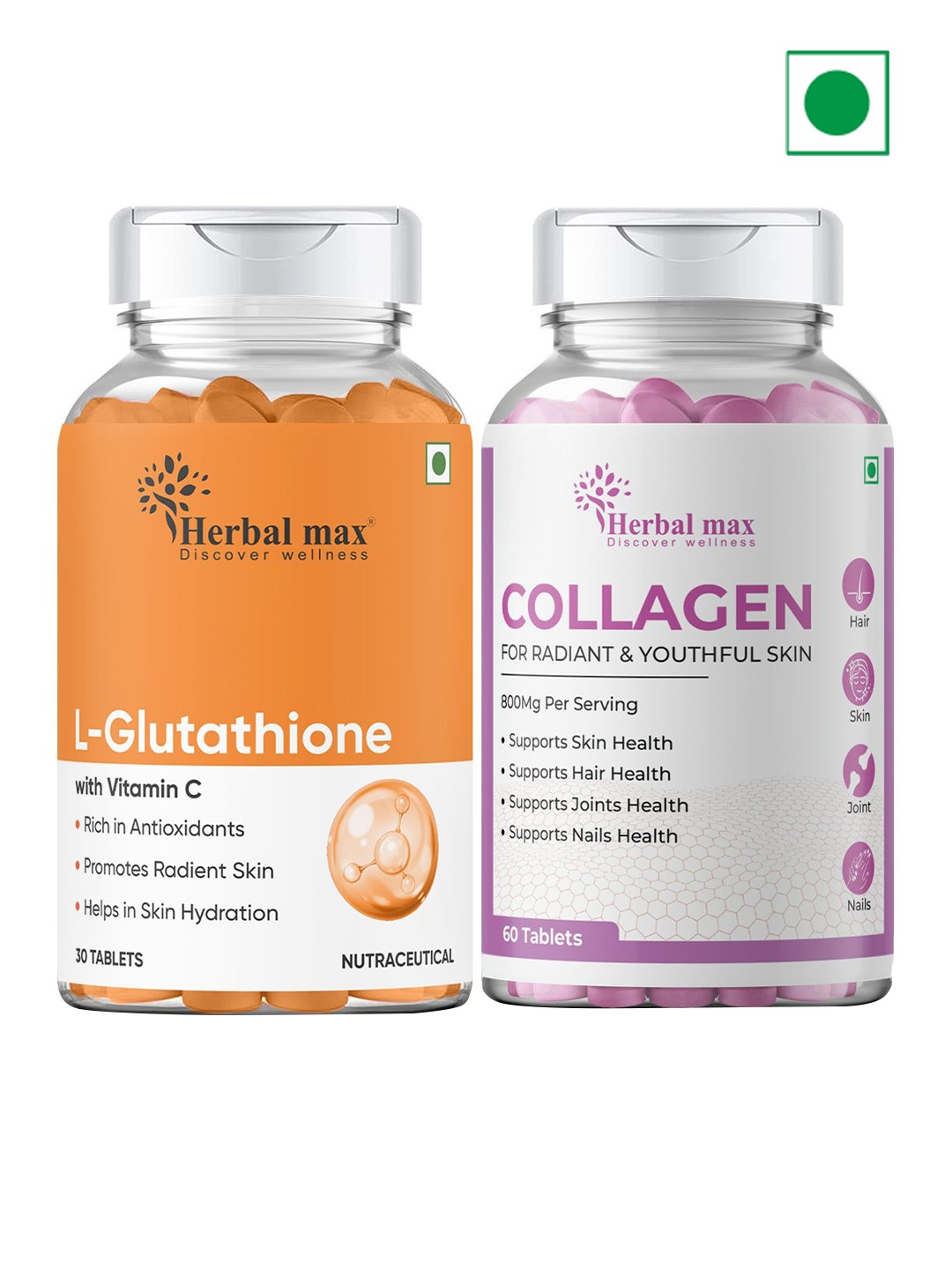 

Herbal max Set Of 2 L-Glutathione Vitamin C - 30 Tabs & Collagen Tablet - 60 Tabs, Orange