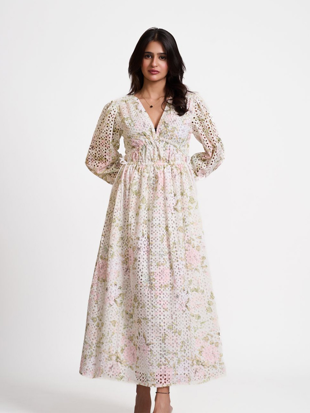 

How When Wear Women Printed Broderie Plunge Neck Maxi Dress, Off white