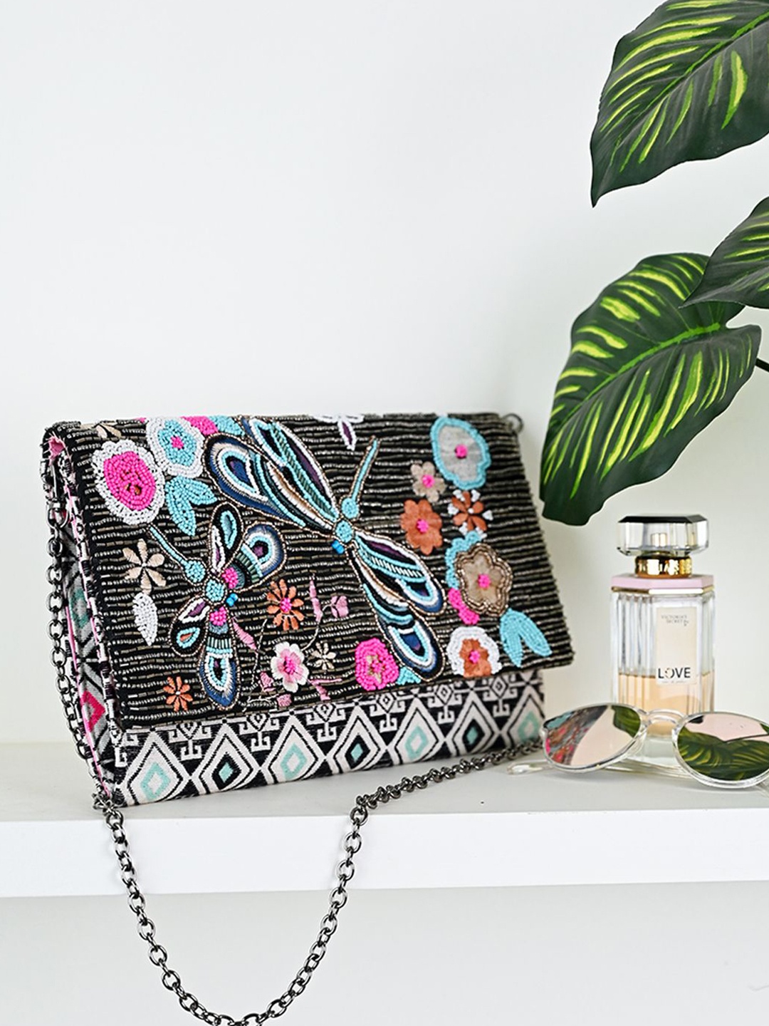 

Sangria Beaded Embellished Envelope Clutch, Black