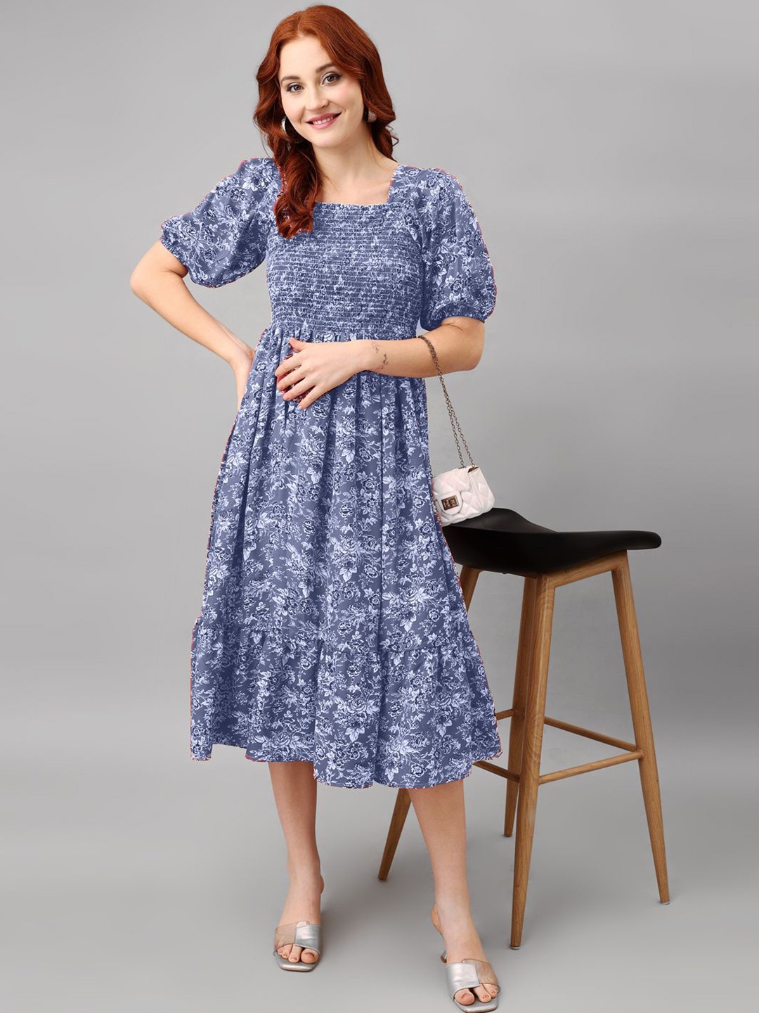 

Raiyani Fashion Floral Print Puff Sleeve Applique Fit & Flare Midi Dress, Blue