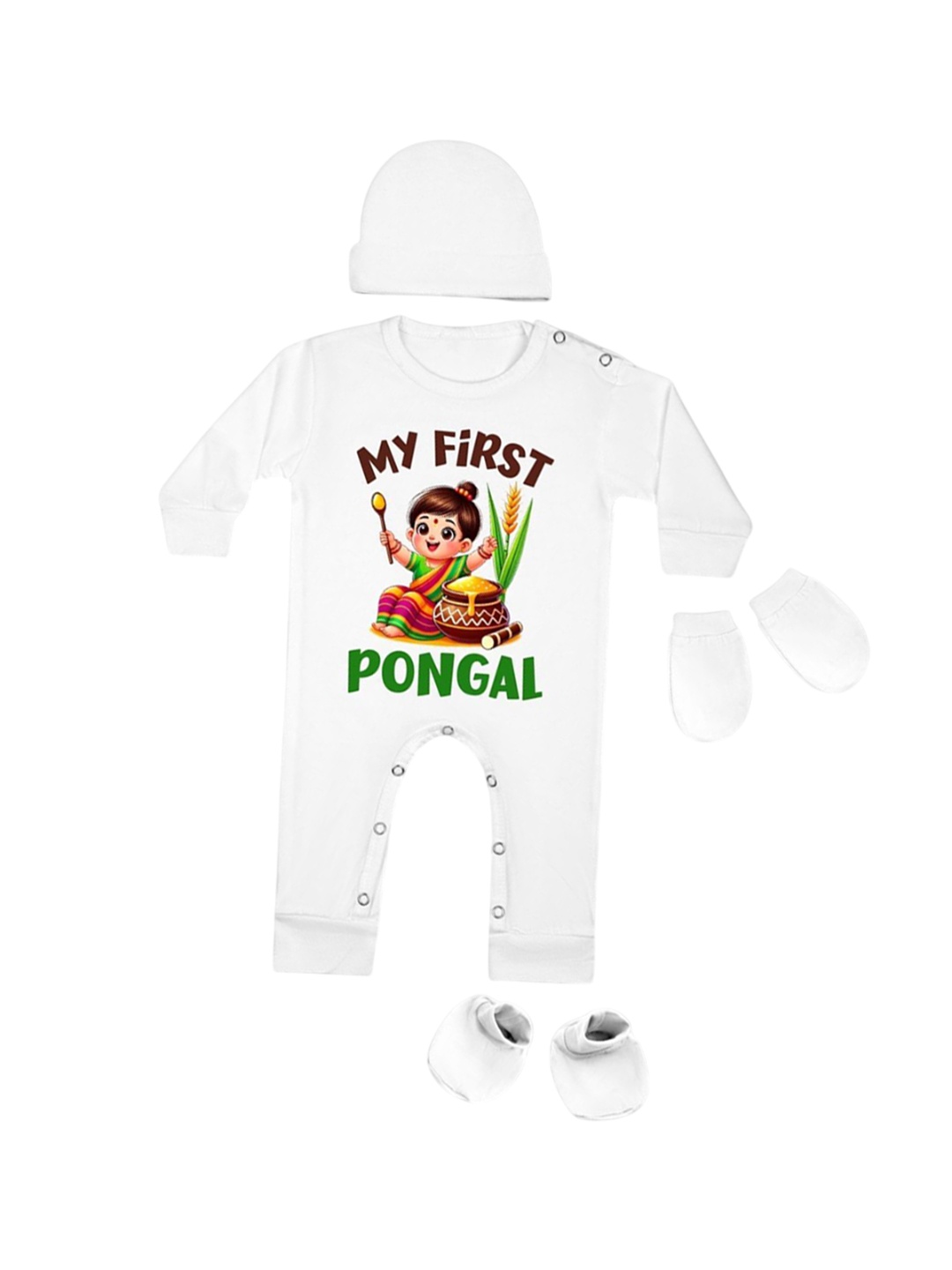 

Arvesa Infants My First Pongal Printed Bodysuit with Cap Booties Mitten, White