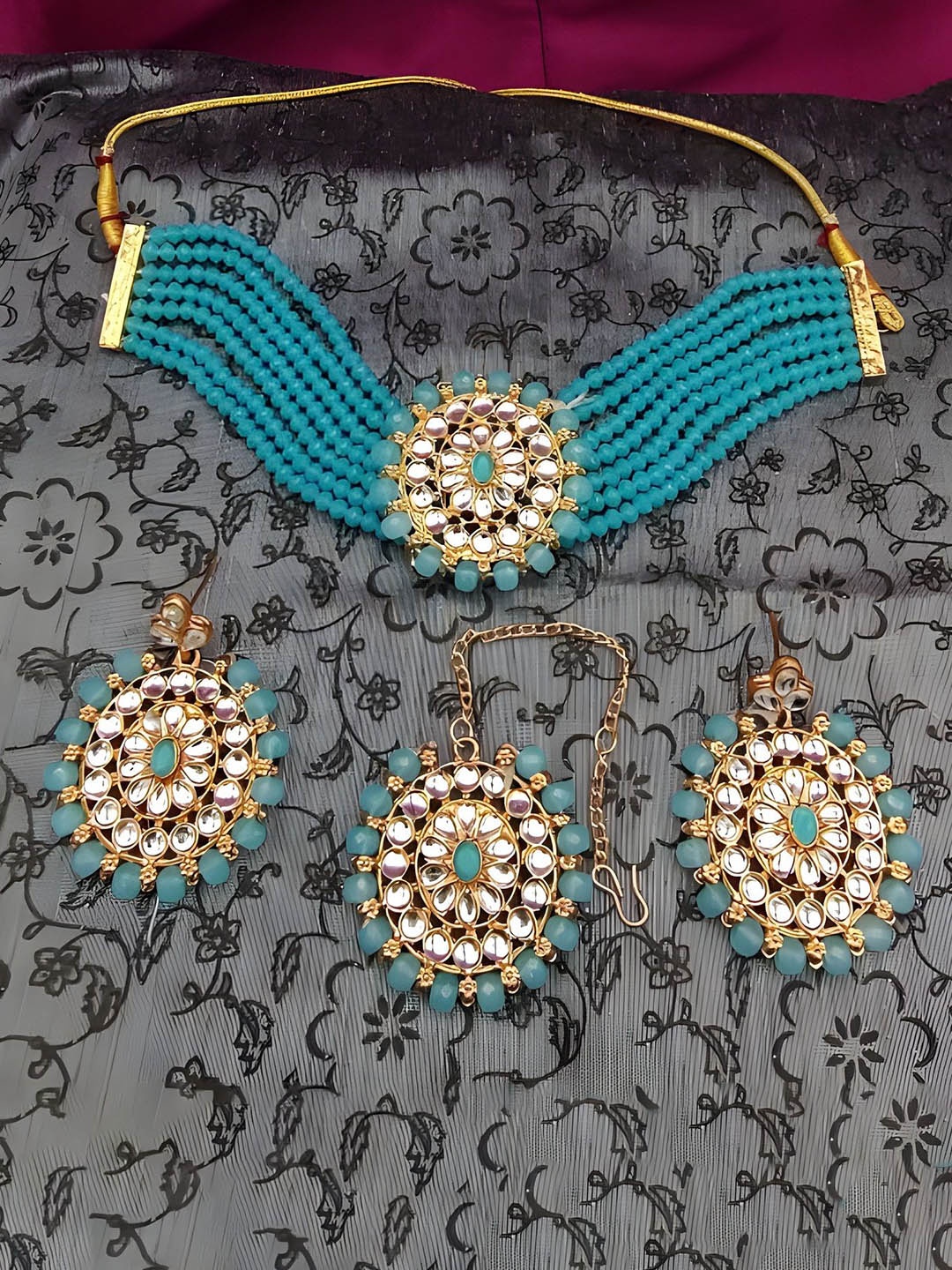 

JMBW INTERNATIONAL Set Of 2 Gold Plated Stone Studded & Beaded Jewellery Sets