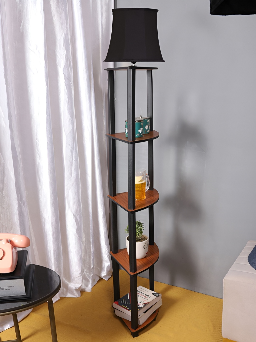 

Devansh Black & Brown Cotton Frustum Wooden Floor Lamp With Shelves