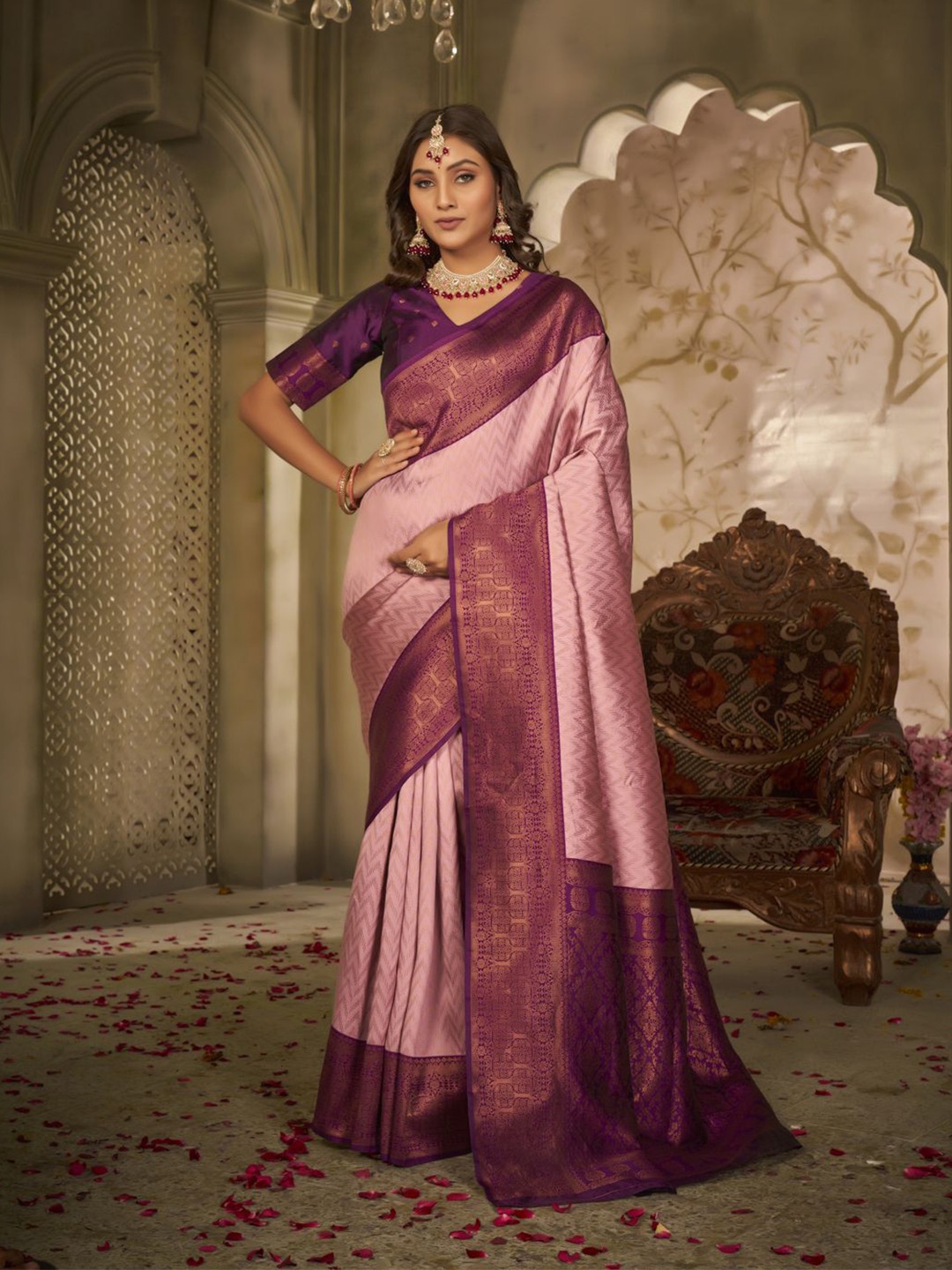 

KALINI Woven Design Zari Kanjeevaram Saree, Burgundy