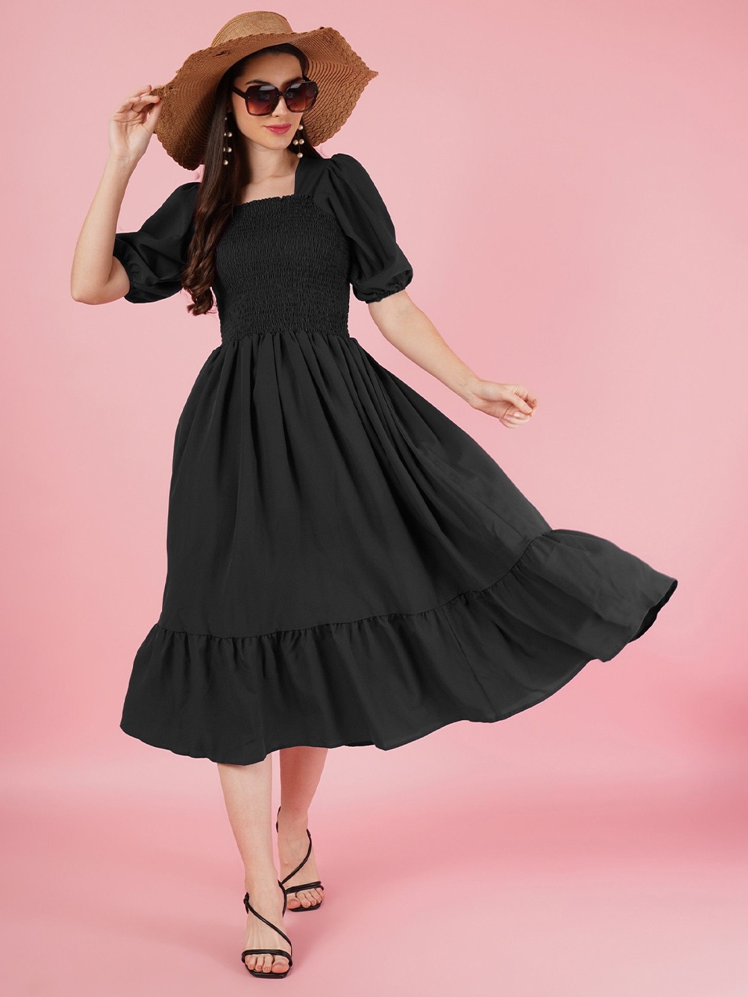 

Jash Creation Puff Sleeve Fit & Flare Dress, Black