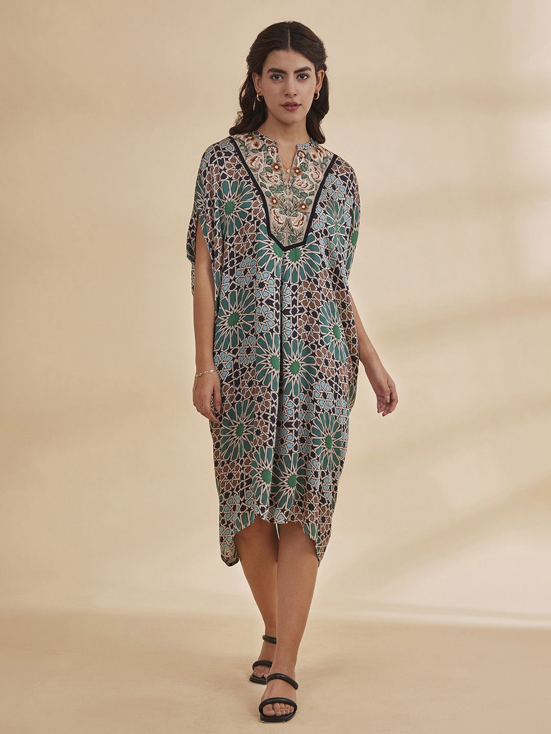 

B77 Floral Embroidered Satin Kaftan Dress, Green