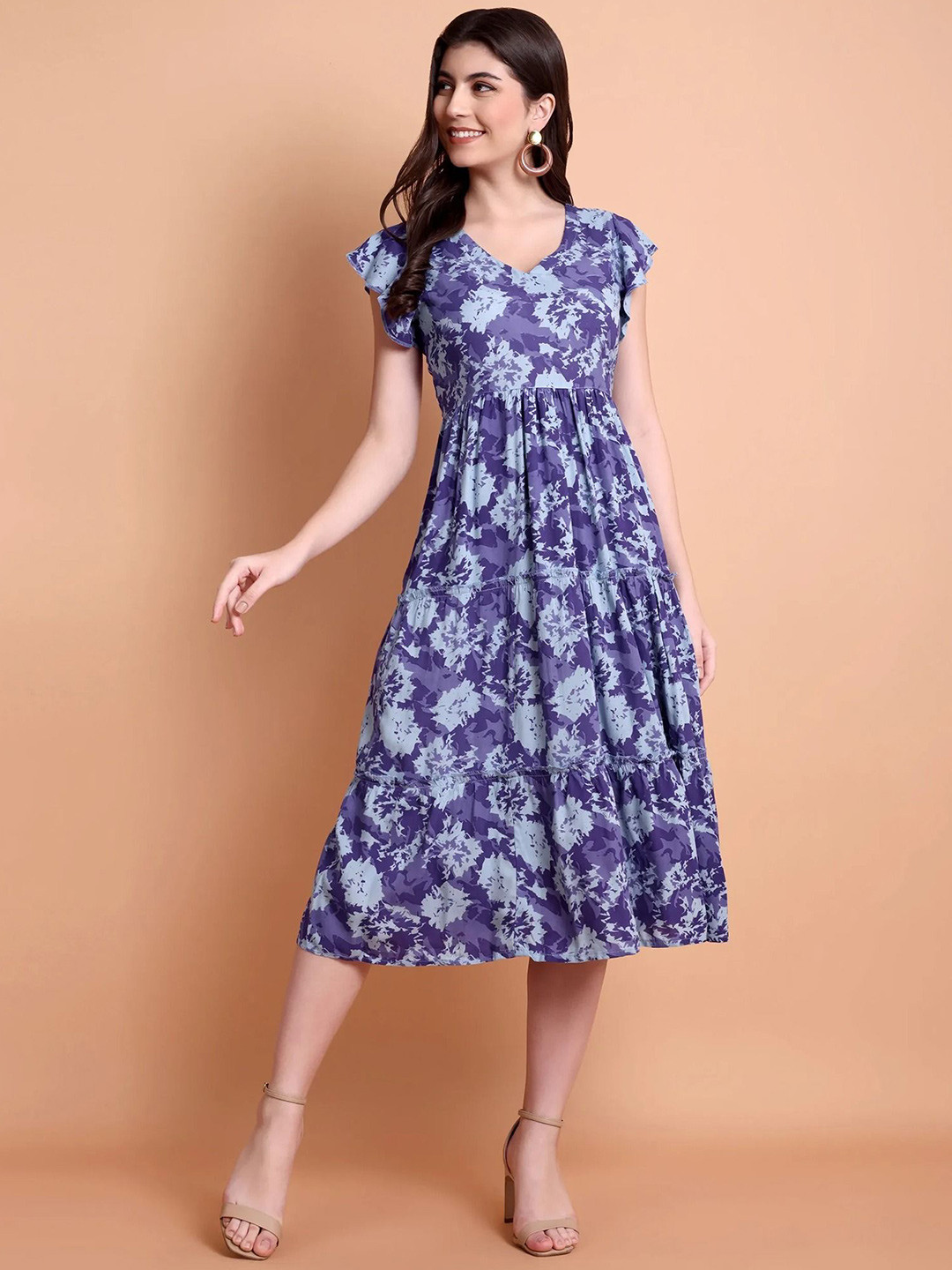 

Pashet Print Flutter Sleeve A-Line Dress, Blue