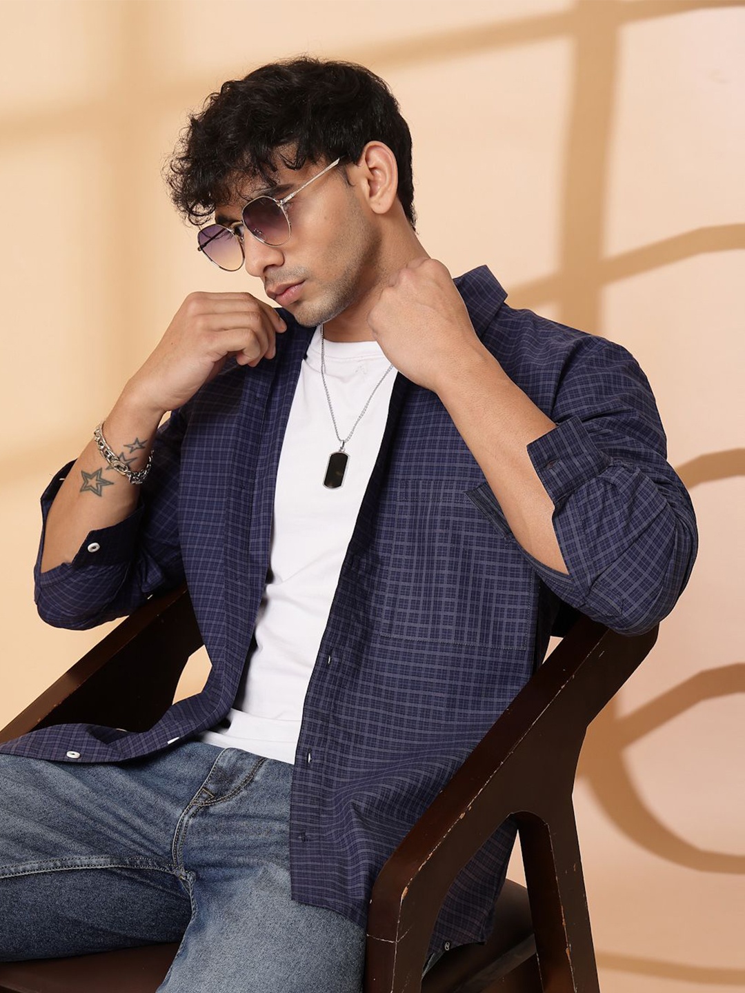 

Rigo Men Spread Collar Micro Checked Cotton Casual Shirt, Blue