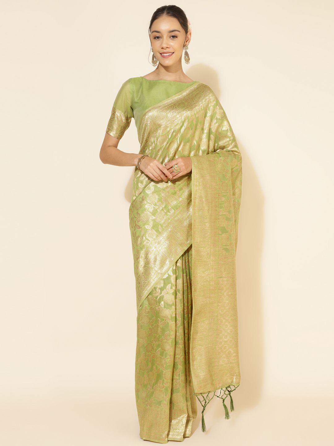 

Indeloom Ethnic Motifs Zari Silk Blend Chanderi Saree, Green