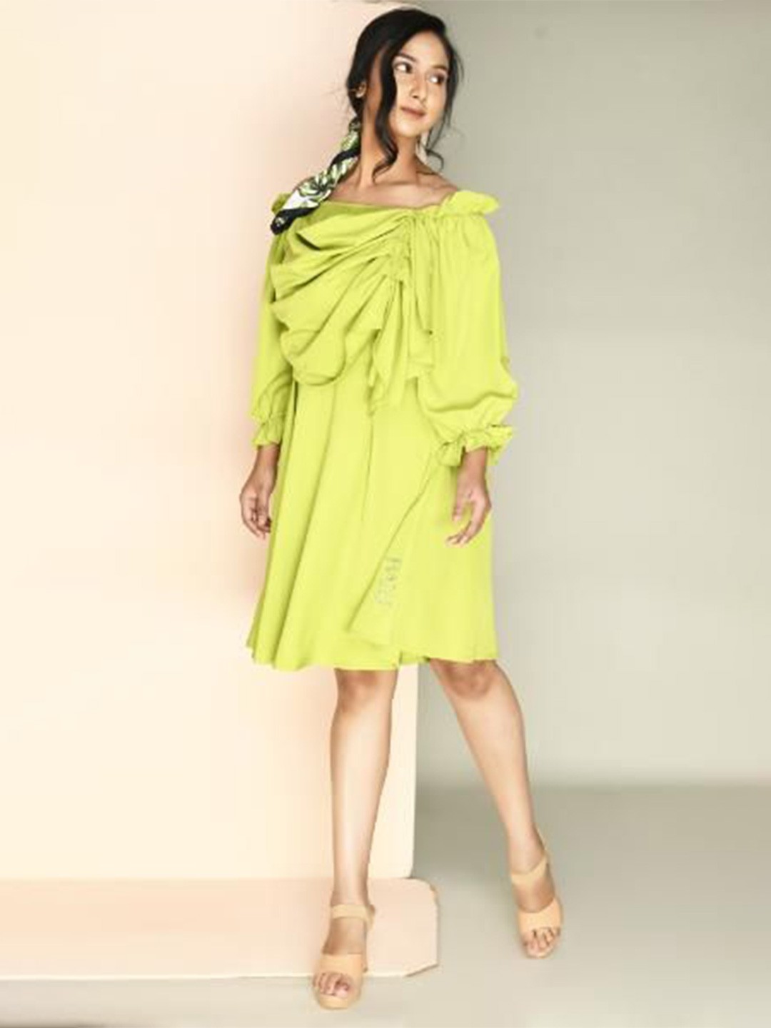 

RANJ Off-Shoulder Cold-Shoulder Crepe A-Line Midi Dress, Green