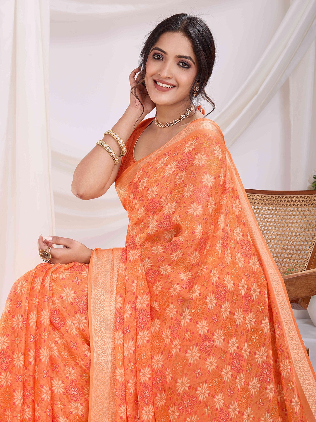 

TASRIKA Pure Chiffon Block Printed Zari Saree, Orange