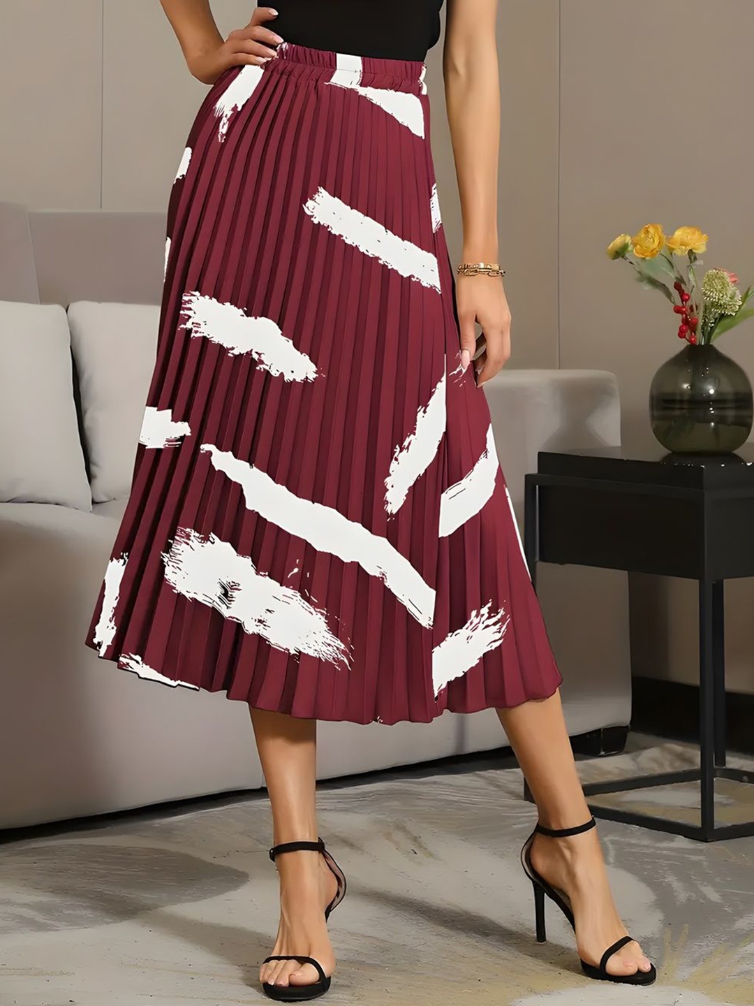 

OTABU Printed Pleated A-Line Midi Skirt, Maroon