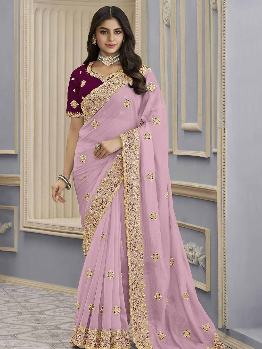 

Suha Floral Embroidered Poly Georgette Saree, Pink